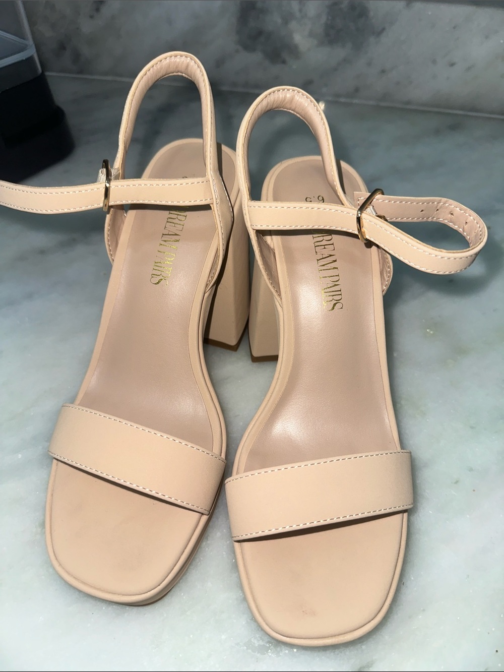 Chic Neutral Tan Block Heel Sandals with Ankle Strap women’s size 6.5